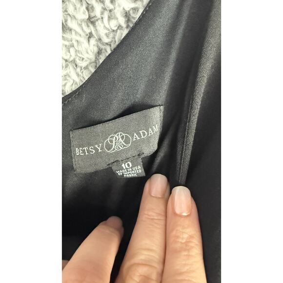 Betsy & Adam One-Shoulder Black Evening Gown Size 10 V-Neck Floor Length Train - Picture 4 of 10